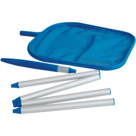 Recogehojas para piscina con pértiga desmontable de aluminio, estructura de polímero y malla de poliéster para limpieza de hojas y residuos.