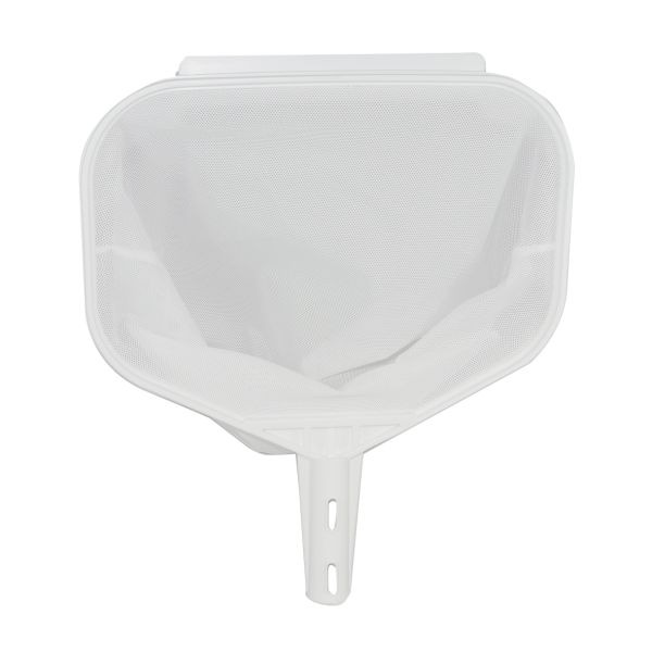 Recogehojas de bolsa para piscina con soporte de polímero blanco y malla tejida de poliéster blanco.