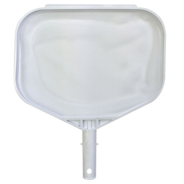 Recogehojas plano para piscina con soporte de polímero blanco y malla tejida de poliéster blanco.